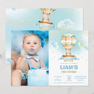 Chic Hot Air Balloon Teddy Bear Boy Birthday Photo Invitation