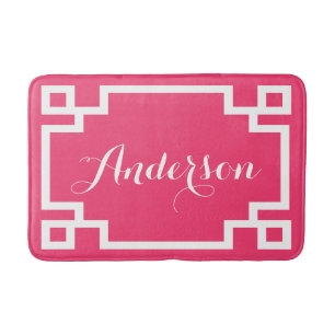 Chic Hot Pink and White Greek Key Custom Monogram Bath Mat