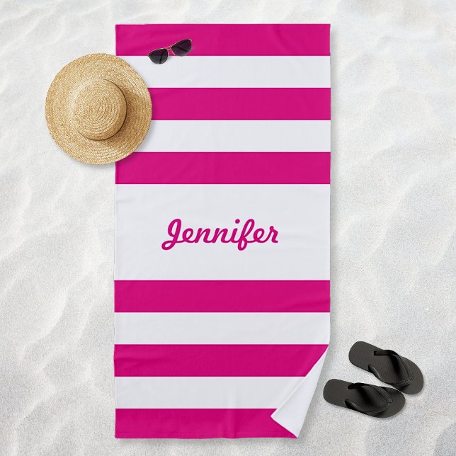 Chic Hot Pink and White Stripes Personalised Beach Towel (Chic Hot Pink and White Stripes Personalized Beach Towel)