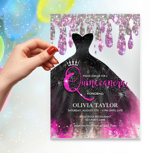 Chic hot pink black crystal drips Quinceanera  Acrylic Invitations (Creator Uploaded)