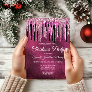 Chic hot pink black drippings glitter Christmas  Invitation