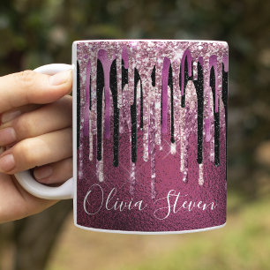 Chic hot pink black drippings glitter monogram mug