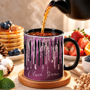 Chic hot pink black drippings glitter monogram mug