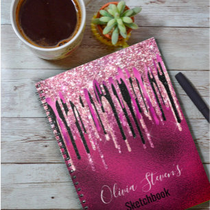 Chic hot pink black drippings glitter monogram notebook