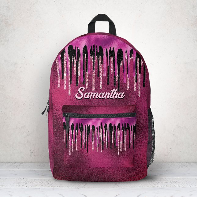 Chic hot pink black drippings glitter monogram printed backpack (Creator Uploaded)