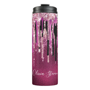 Chic hot pink black drippings glitter monogram thermal tumbler
