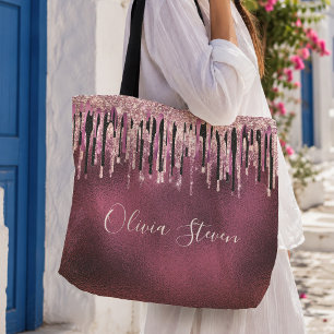 Chic hot pink black drippings glitter monogram tote bag