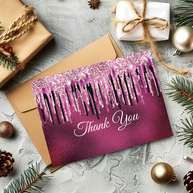 Chic hot pink black drippings glitter thank you card (Creator Uploaded)