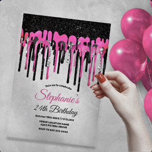 Chic hot pink black glitter drips birthday acrylic invitations