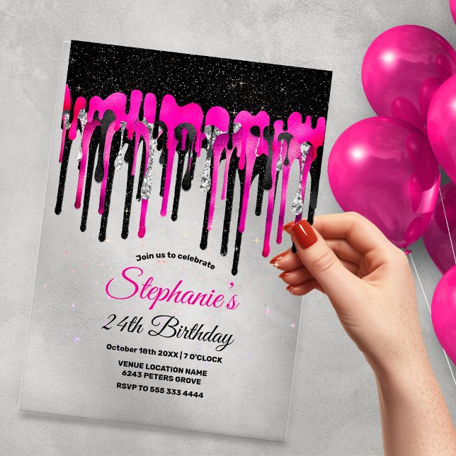 Chic hot pink black glitter drips birthday  acrylic invitations (Creator Uploaded)