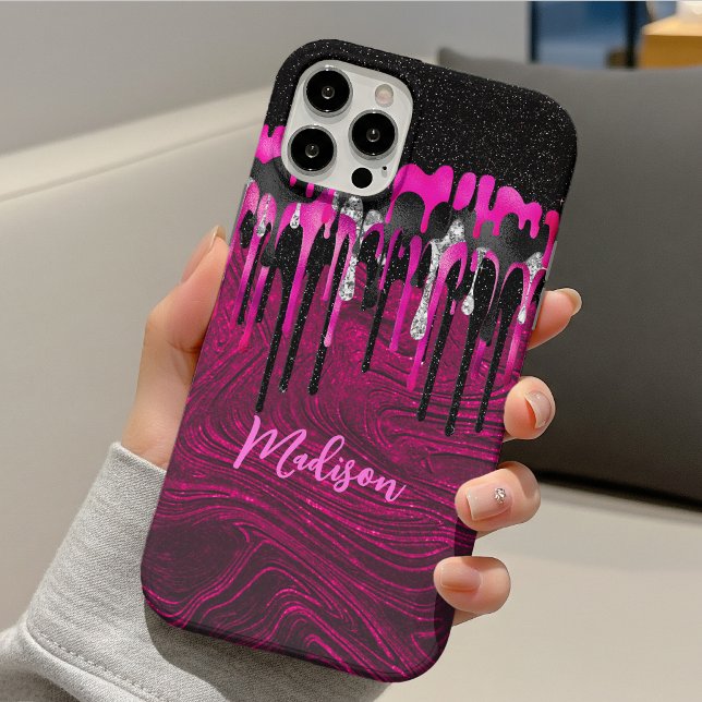 Chic hot pink black glitter drips monogram Case-Mate iPhone case (Creator Uploaded)