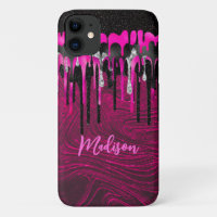 Chic hot pink black glitter drips monogram