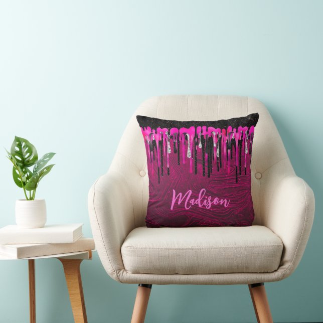 Chic hot pink black glitter drips monogram cushion (Chair)