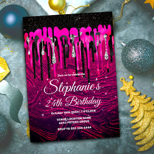 Chic hot pink black glitter drips monogram invitation