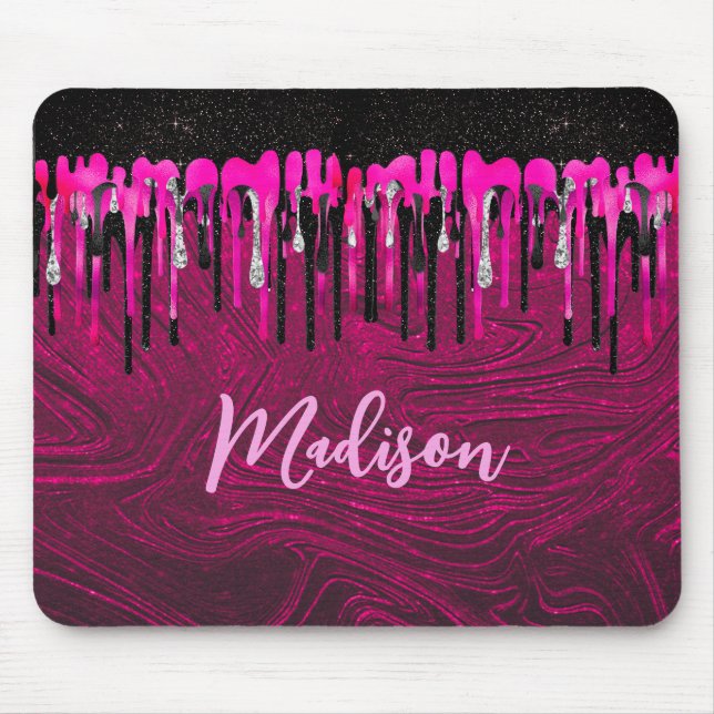 Chic hot pink black glitter drips monogram mouse mat (Front)