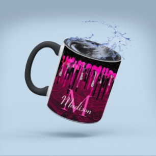 Chic hot pink black glitter drips monogram mug