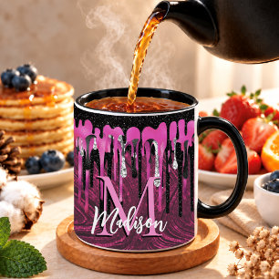 Chic hot pink black glitter drips monogram mug