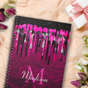 Chic hot pink black glitter drips monogram notebook
