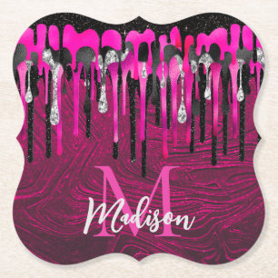 Chic hot pink black glitter drips monogram paper coaster