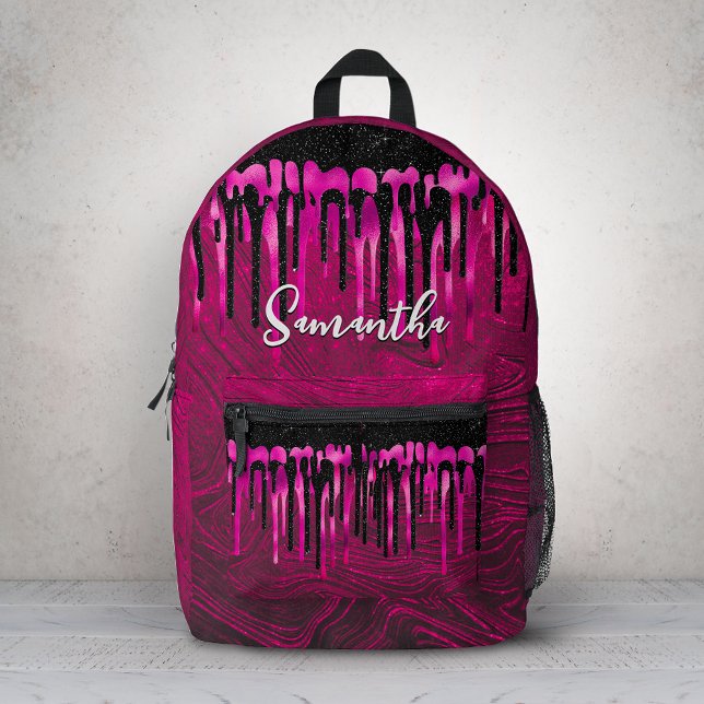 Chic hot pink black glitter drips monogram printed backpack (Creator Uploaded)