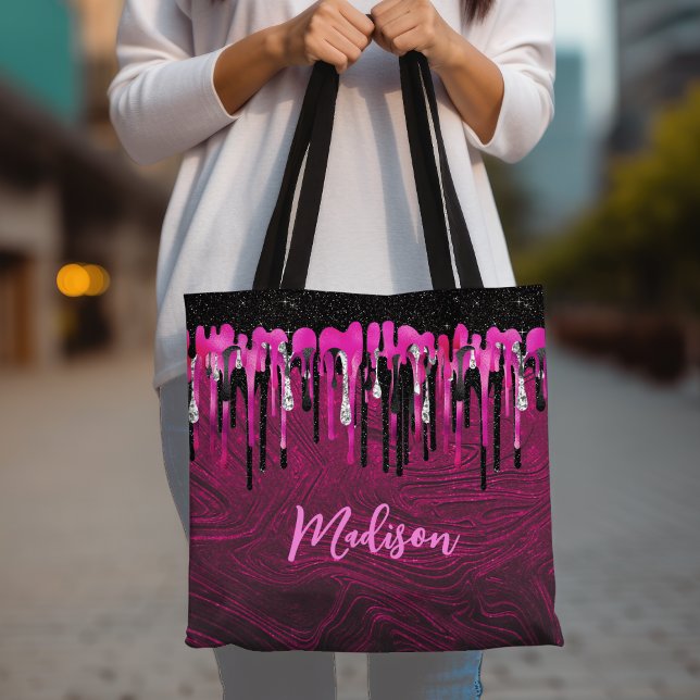 Chic hot pink black glitter drips monogram tote bag (Creator Uploaded)
