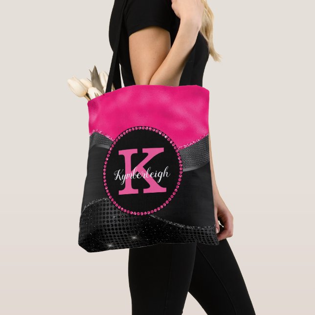 Chic Hot Pink Black Grey Waves Glam Monogram Name Tote Bag (Close Up)