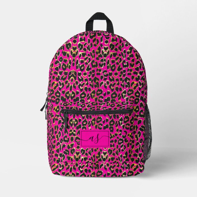 Chic Hot Pink & Black Leopard Print Monogrammed Printed Backpack (Front)