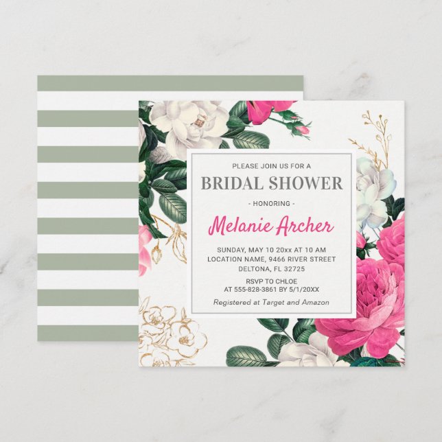 Chic Hot Pink Bridal Shower Watercolor Peony Roses Invitation (Front/Back)