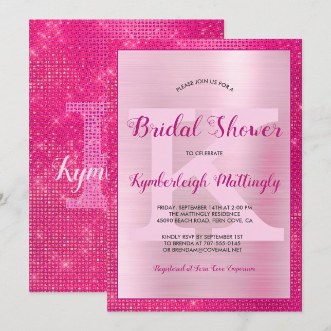 Chic Hot Pink Glam Diamond Sparkle Bridal Shower Invitation (Front/Back)