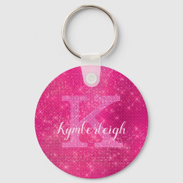 Chic Hot Pink Glam Diamond Sparkle Monogram Name Key Ring (Front)