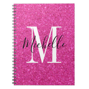 Chic Hot pink  glitter  Monogram spiral Notebook