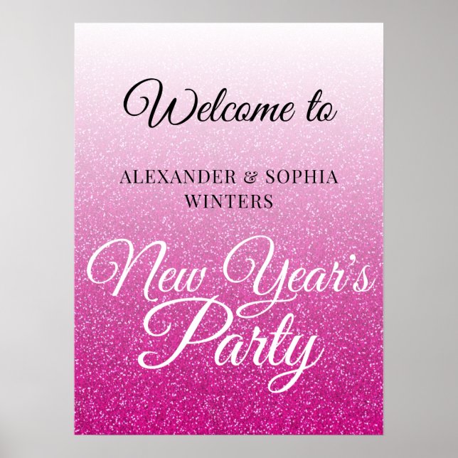 Chic Hot Pink Glitter New Years Party Welcome Poster (Front)