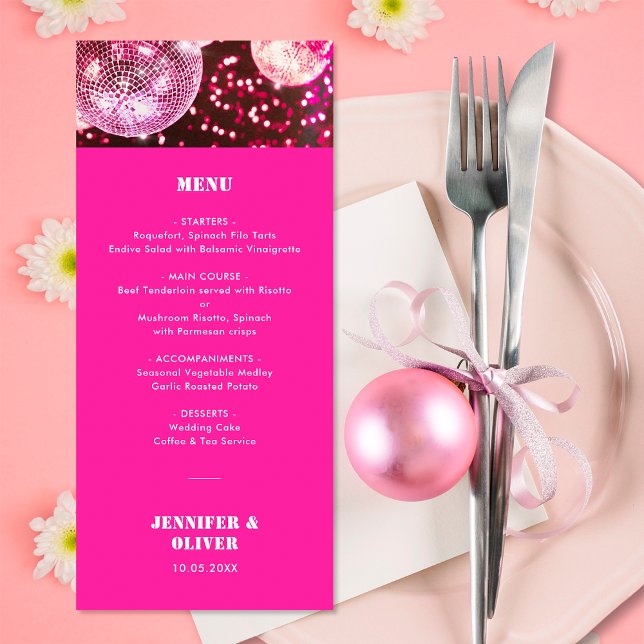 Chic Hot Pink Glitter Retro Disco Balls Wedding Menu (Front)