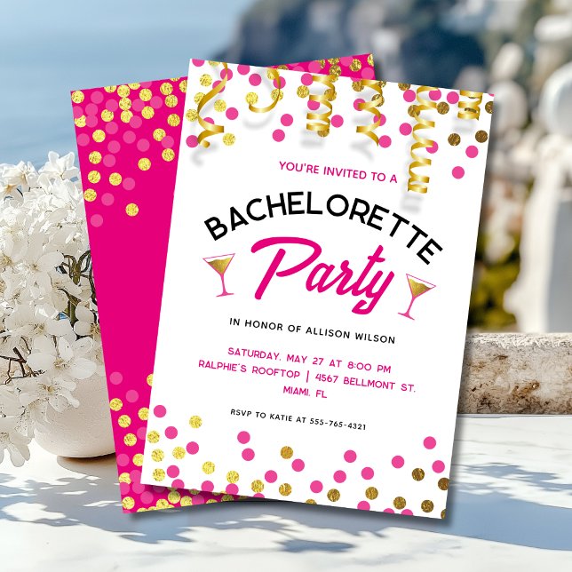 Chic Hot Pink & Gold Dots Bachelorette Party Invitation (Creator Uploaded)