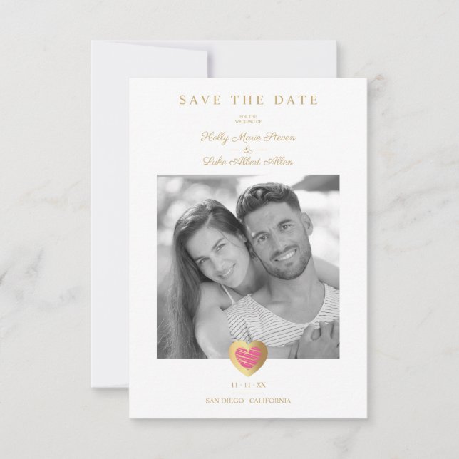 Chic Hot Pink & Gold Heart Photo Couple Wedding Save The Date (Front)