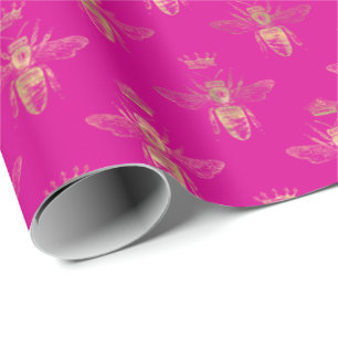 Chic Hot Pink Gold Queen Bee Pattern Wrapping Paper