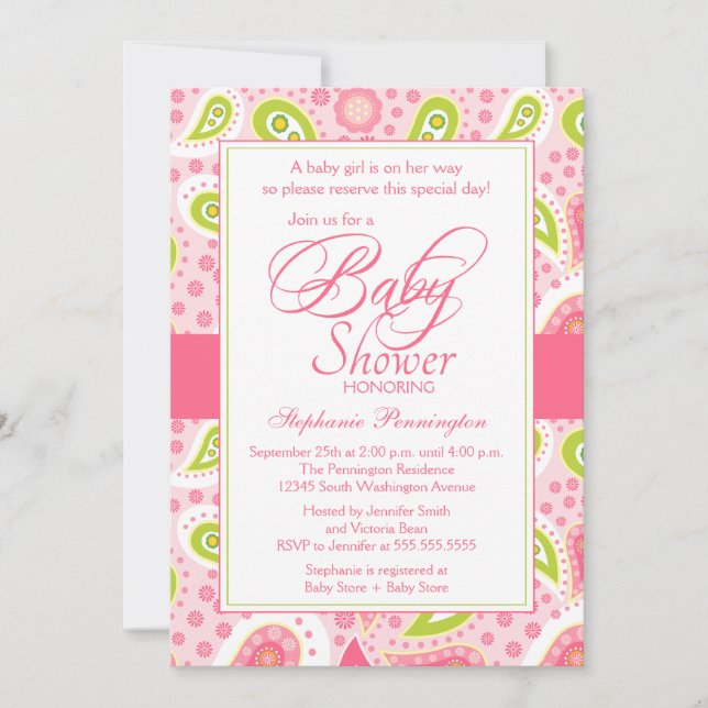 Chic hot pink green paisley baby shower invitation (Front)