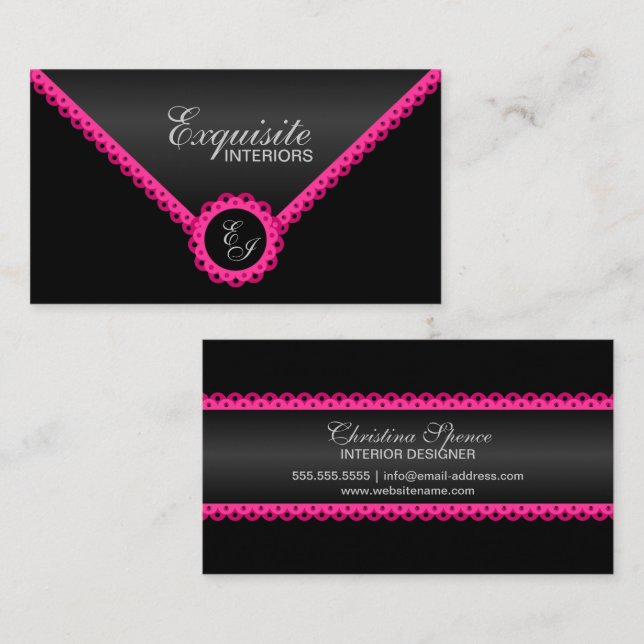 Chic Hot Pink Lace and Black Shimmer Look Monogram Business Card (Front/Back)