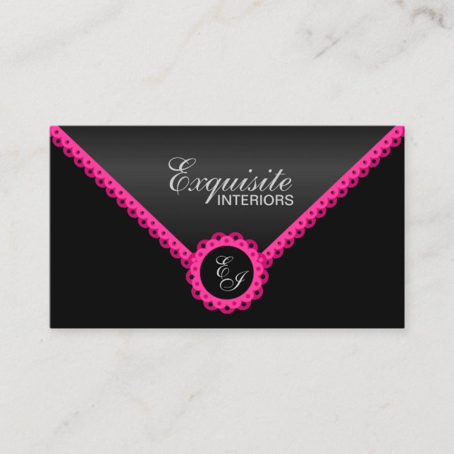 Chic Hot Pink Lace and Black Shimmer Look Monogram Business Card (Front)