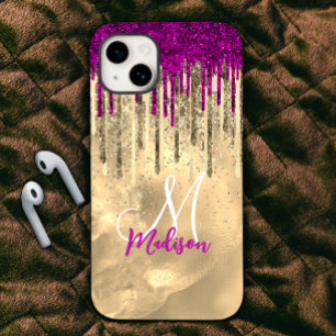 Chic hot pink purple glitter gold drips monogram Case-Mate iPhone 14 case