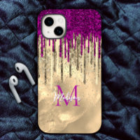 Chic hot pink purple glitter gold drips monogram