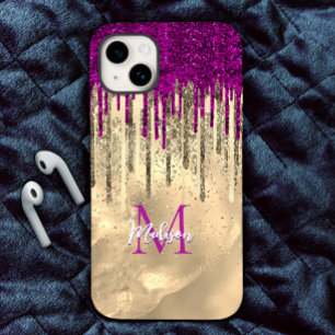 Chic hot pink purple glitter gold drips monogram iPhone 15 case