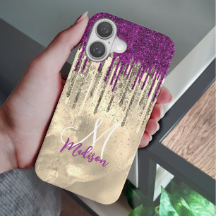 Chic hot pink purple glitter gold drips monogram iPhone 16 case