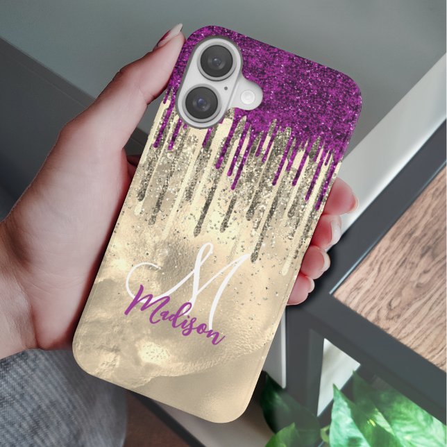 Chic hot pink purple glitter gold drips monogram Case-Mate iPhone case (Creator Uploaded)