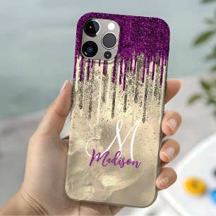Chic hot pink purple glitter gold drips monogram Case-Mate iPhone 14 case