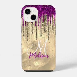 Chic hot pink purple glitter gold drips monogram iPhone 14 case