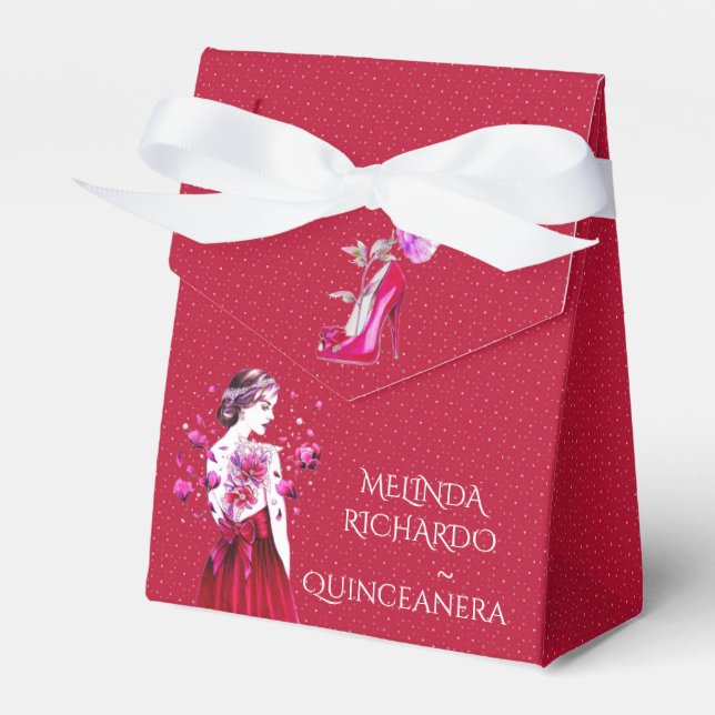 Chic Hot Pink Red Carnations Quinceanera Party Favour Box (Front Side)