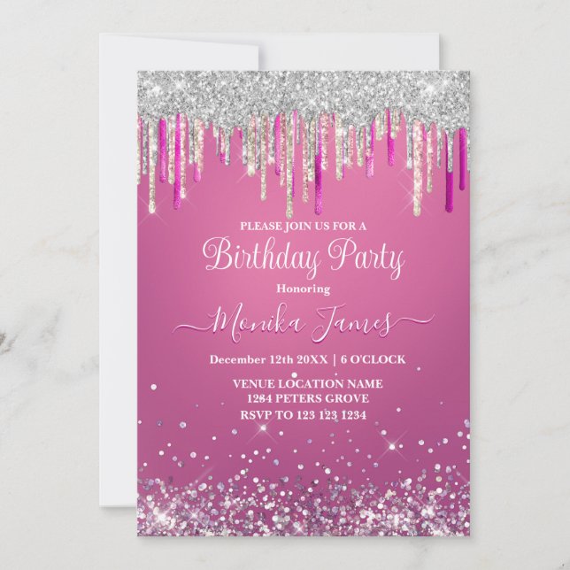 Chic Hot Pink Silver Drippings Glitter Monogram Invitation (Front)