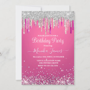 Chic Hot Pink Silver Drippings Glitter Monogram Invitation