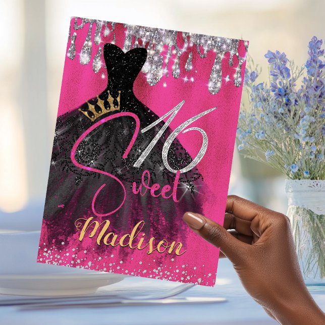 Chic hot pink silver glitter drips sweet 16 invitation (Creator Uploaded)